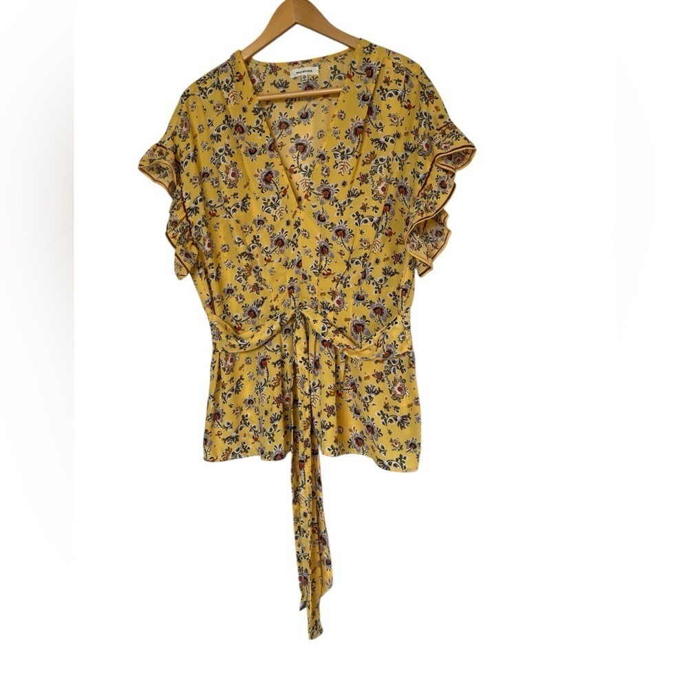 Max Studio Blouse Womens XL 9701D38 Yellow Floral Ruffle Peplum EUC